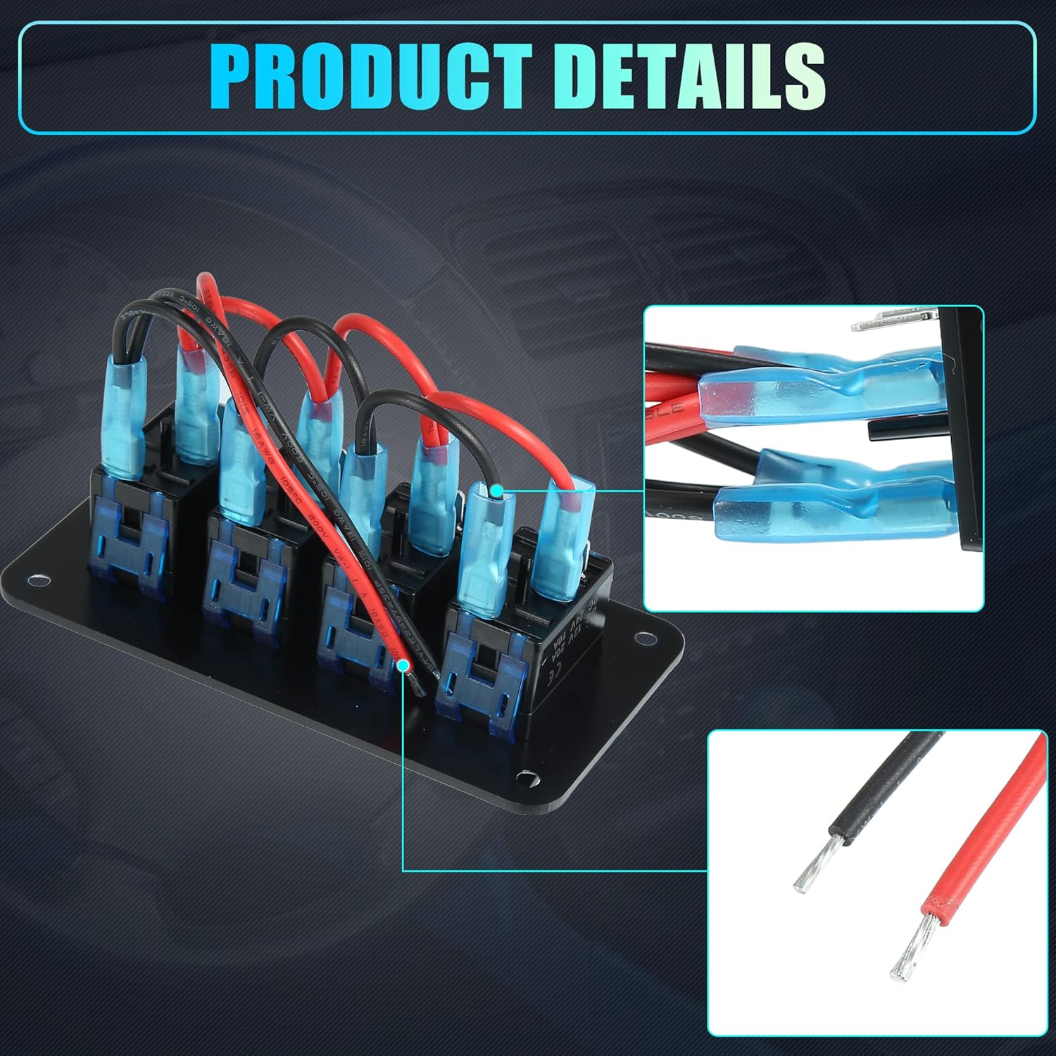 X AUTOHAUX 4 Gang Rocker Switch Panel 3 Pin on off Pre-Wired Toggle Switch Control Waterproof Aluminum Alloy Blue LED Light Push Button for 12V 24V Black image number 3