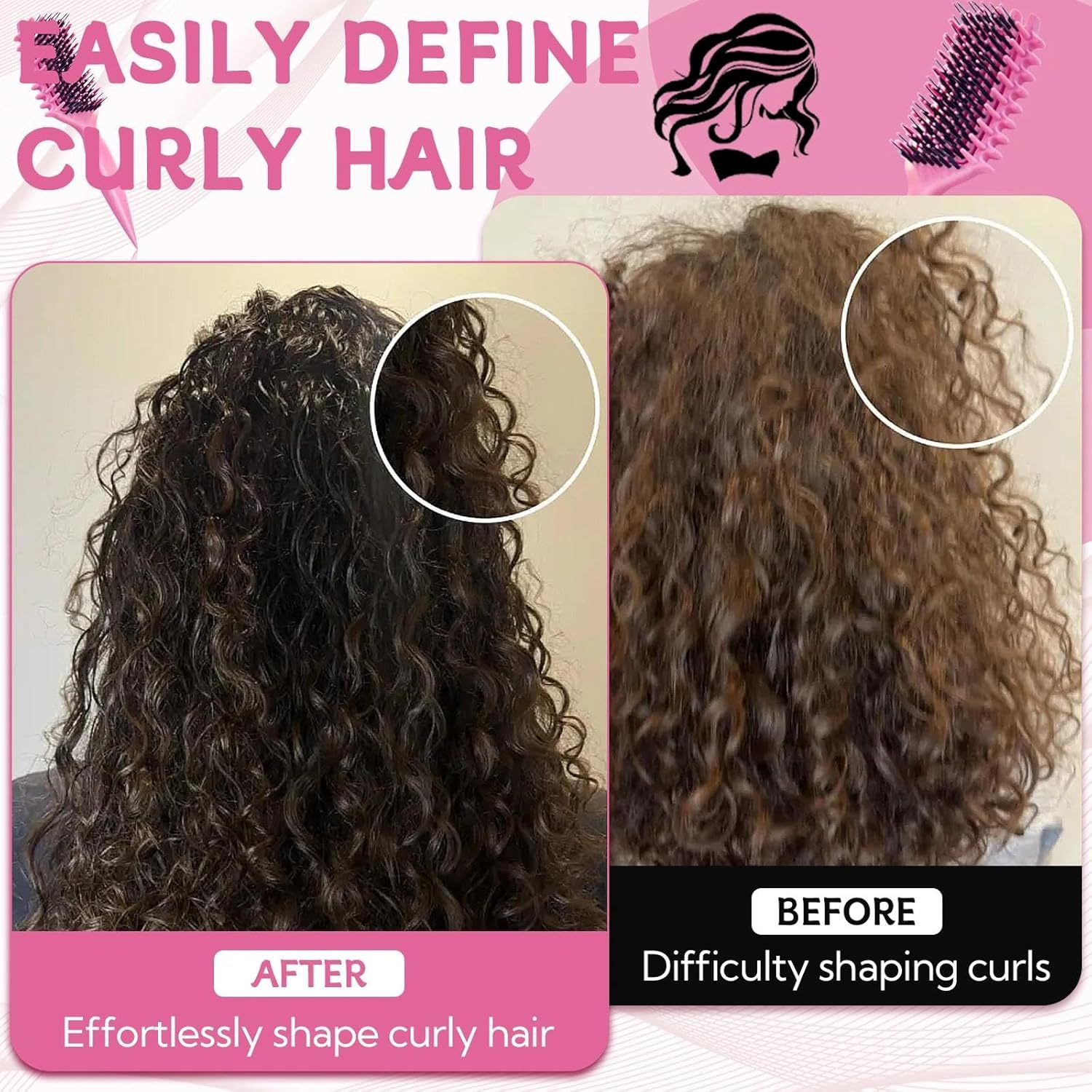 Zikenis Curling Brush, Curly Hair Brush with Ergonomic Handle, Hair Brush for Combing and Shaping, Unisex, Reduces Pulling and Curl Removal, for Defined Trendy Curls (Pink) image number 4