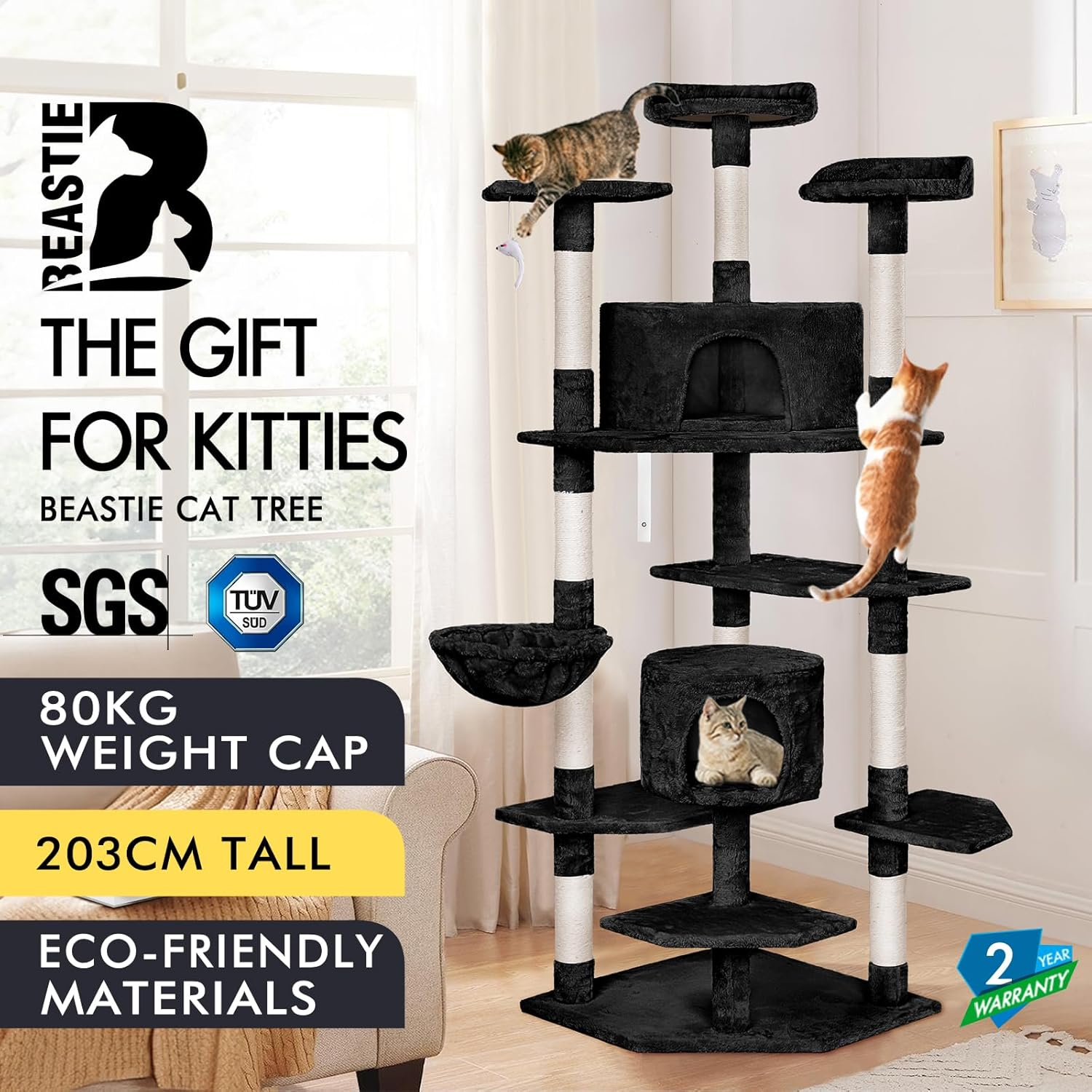 BEASTIE Cat Tree Scratching Post Scratcher Tower Condo House Furniture Wood 203 Black Colour - Beige image number 7
