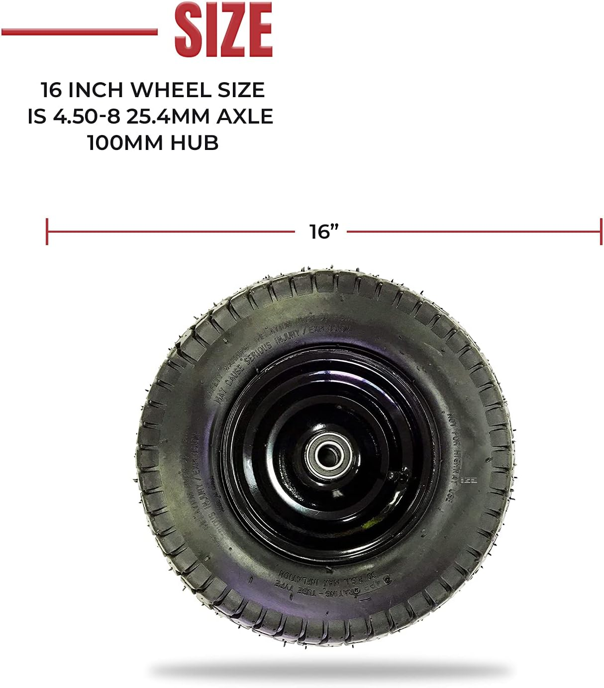 D2U 16-Inch Narrow Wheelbarow Wheel Replacement Air-Filled Wheel with Black Steel Rim, 400Mm Radius, 25.4Mm Bearing Hub, 100Mm Length, 90Mm Tire Width - Rubber Tire for Wheelbarrows - (Pack of 1)
