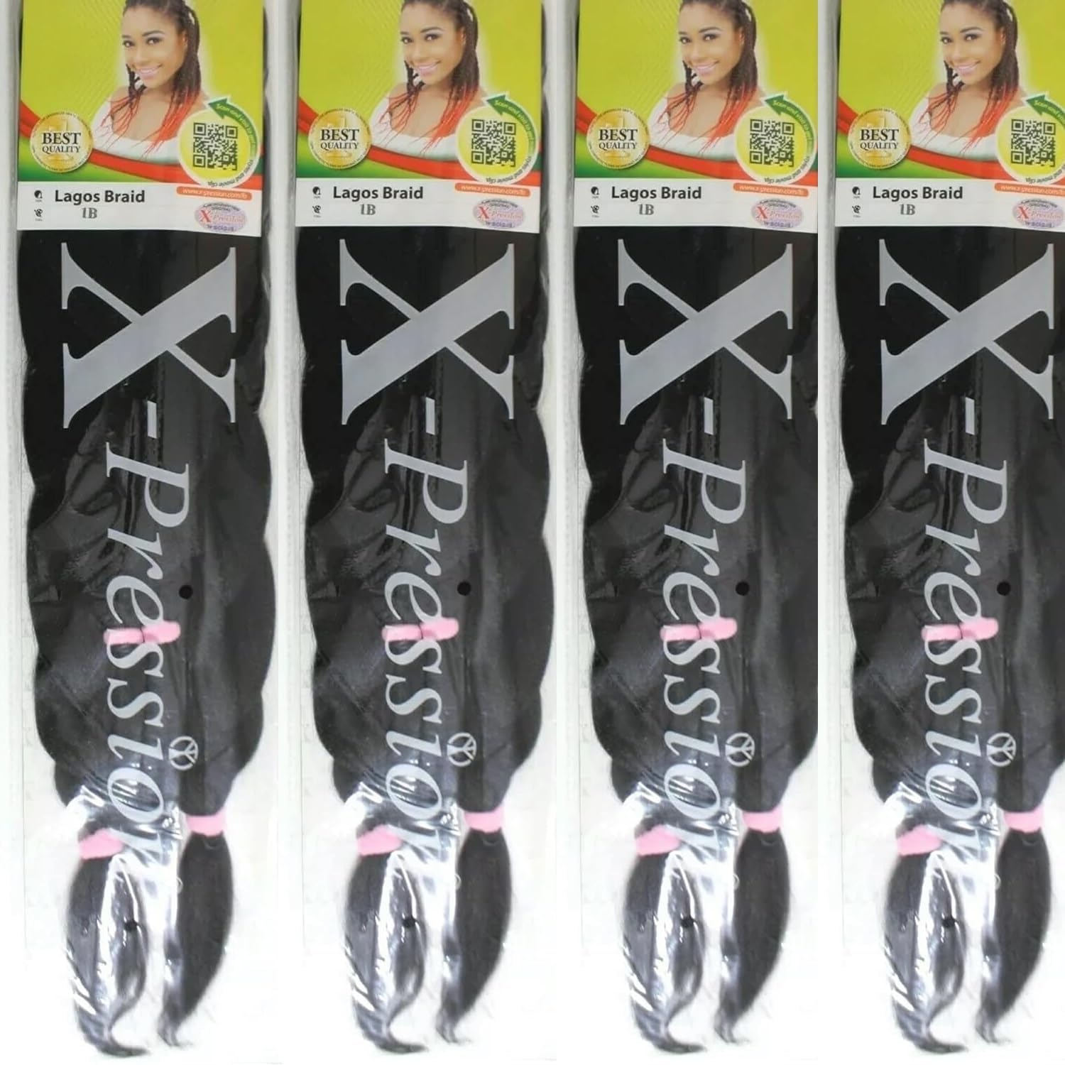 X-Pression 1B 4 PACK XPRESSION LAGOS BRAID Pre-Pulled Hair Extension, Braiding Hair, 42&Prime; & 46&Prime; Pack, (Colour 1B, Natural Black), 4.0 Count