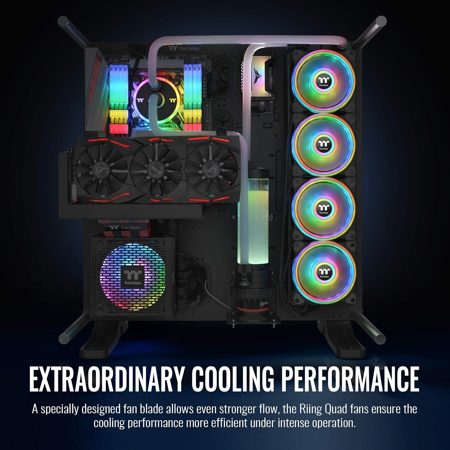 Thermaltake Riing Quad 120Mm 16.8 Million RGB (Alexa, Razer Chroma Sync-Able), 4 Light Rings 54 Addressable LED, 9 Blades Hydraulic Bearing Case/Rad Fan (NO Controller),1-Pack, CL-F088-PL12SW-C, Black image number 1