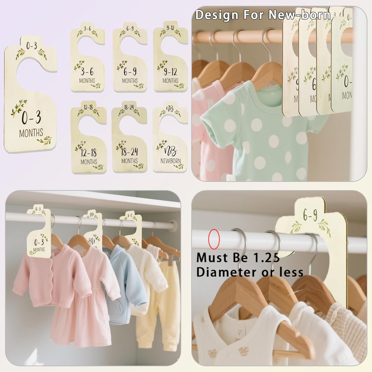 7PCS Baby Wardrobe Partition Wooden Single-Sided Clothes Storage Rack Clothes Hanger Baby Room Decoration Wooden Hanger Suitable for Newborns 24 Months Old Babies image number 1