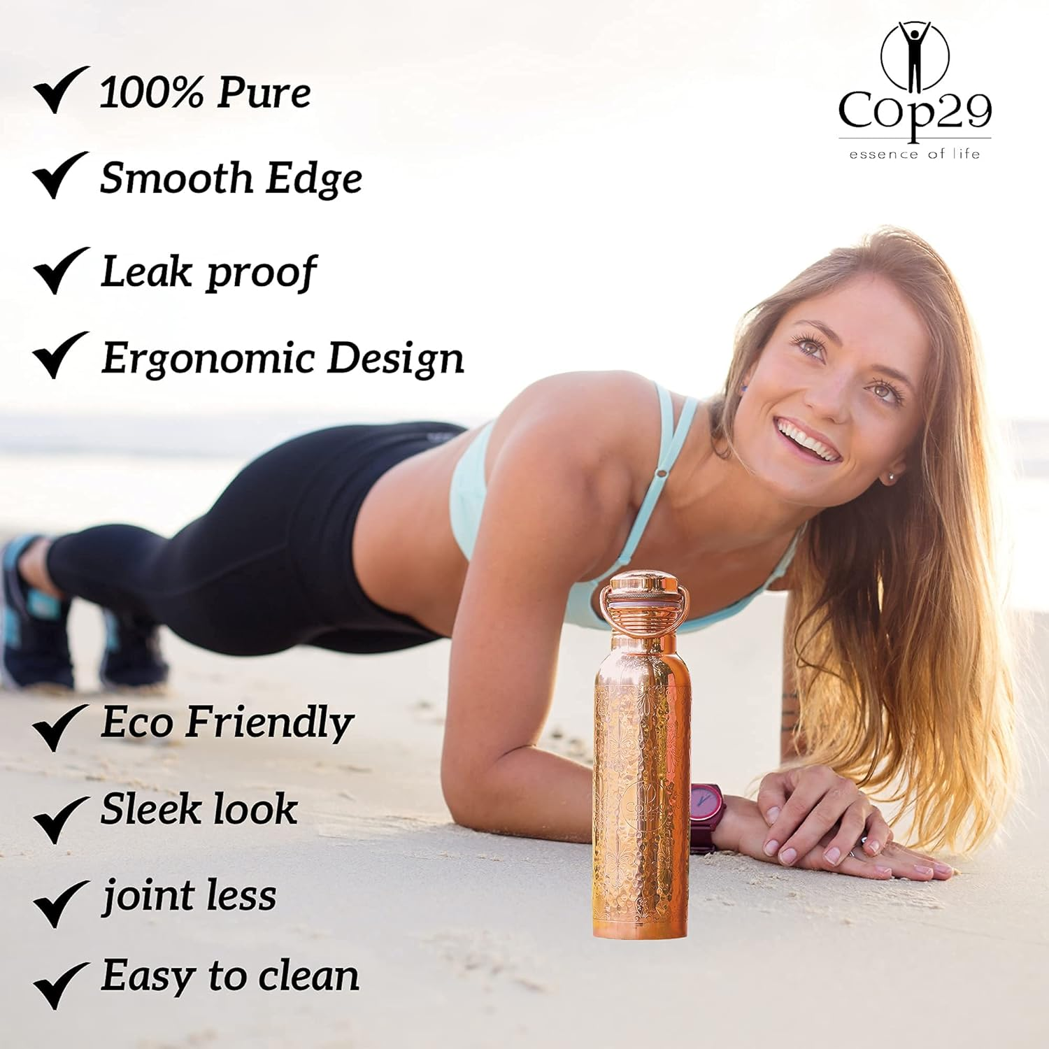 Cop29 Dual Hammered + Hand Engraved Premium Design Pure Copper Mira Glossy Water Bottle with Handle : an Ayurvedic Copper Vessel - 900Ml/30Oz