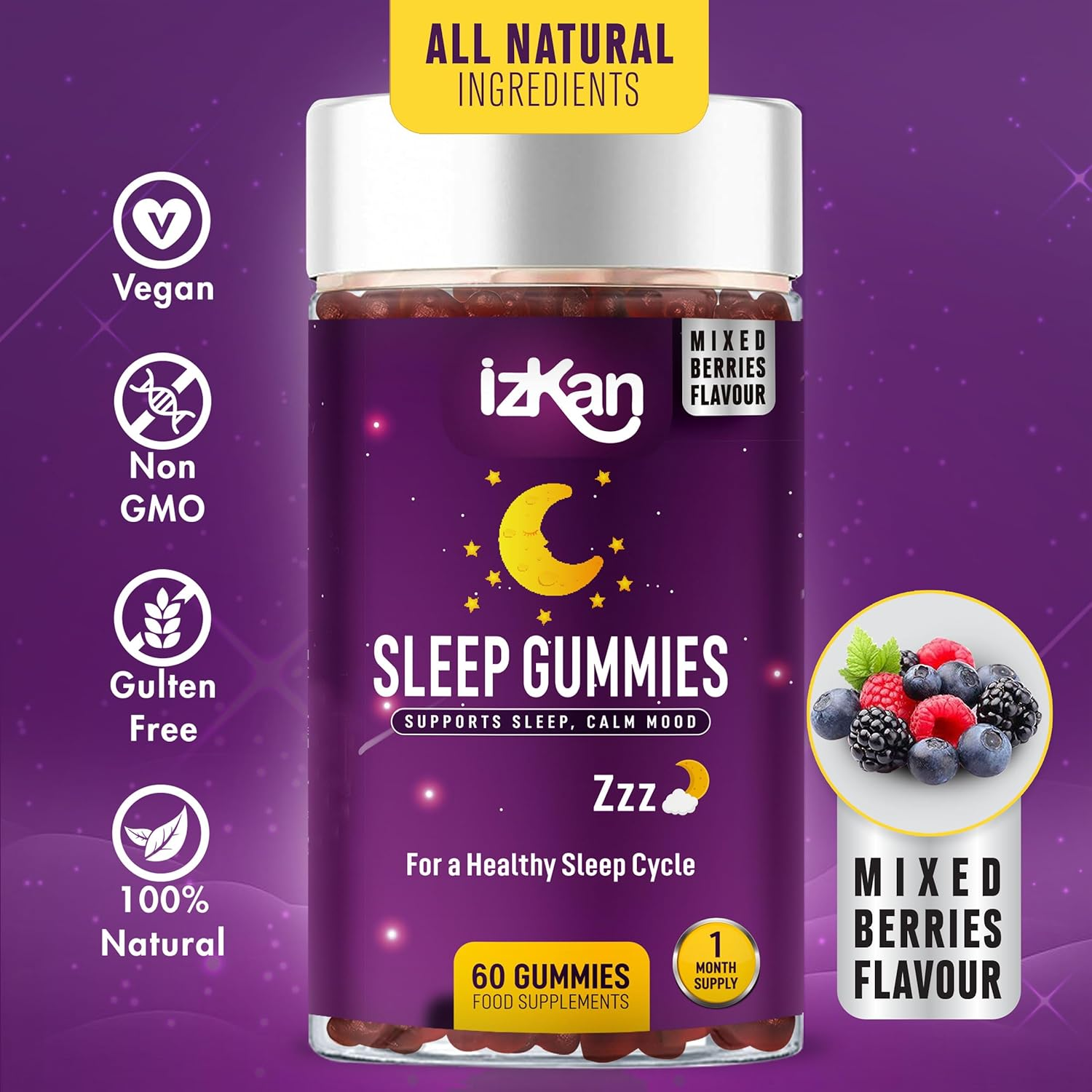 Pro Sleep Gummies for Adults with Magnesium, L-Theanine, 5 HTP, Valerian Root, Passionflower Extract, Glycine, Chewable Sleep Supplement |Bed Time Aid| |Calm Mood| Vegan 60 Gummies |Berries Flavour| (1)