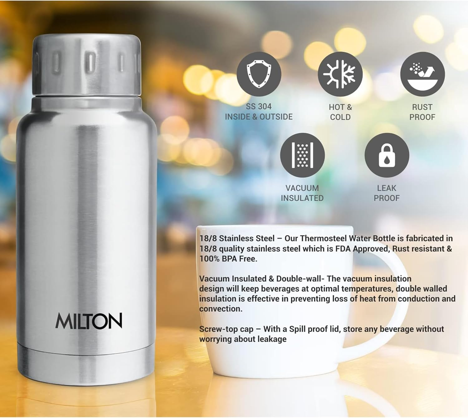 Milton Insulated Small Water Bottle 5.4 Oz (160 Ml) Stainless Steel Double Walled Vacuum Flask Hot and Cold Drinks, Leak-Proof Simple Screw Lid, Office, Gym, Elfin 160 Silver image number 1