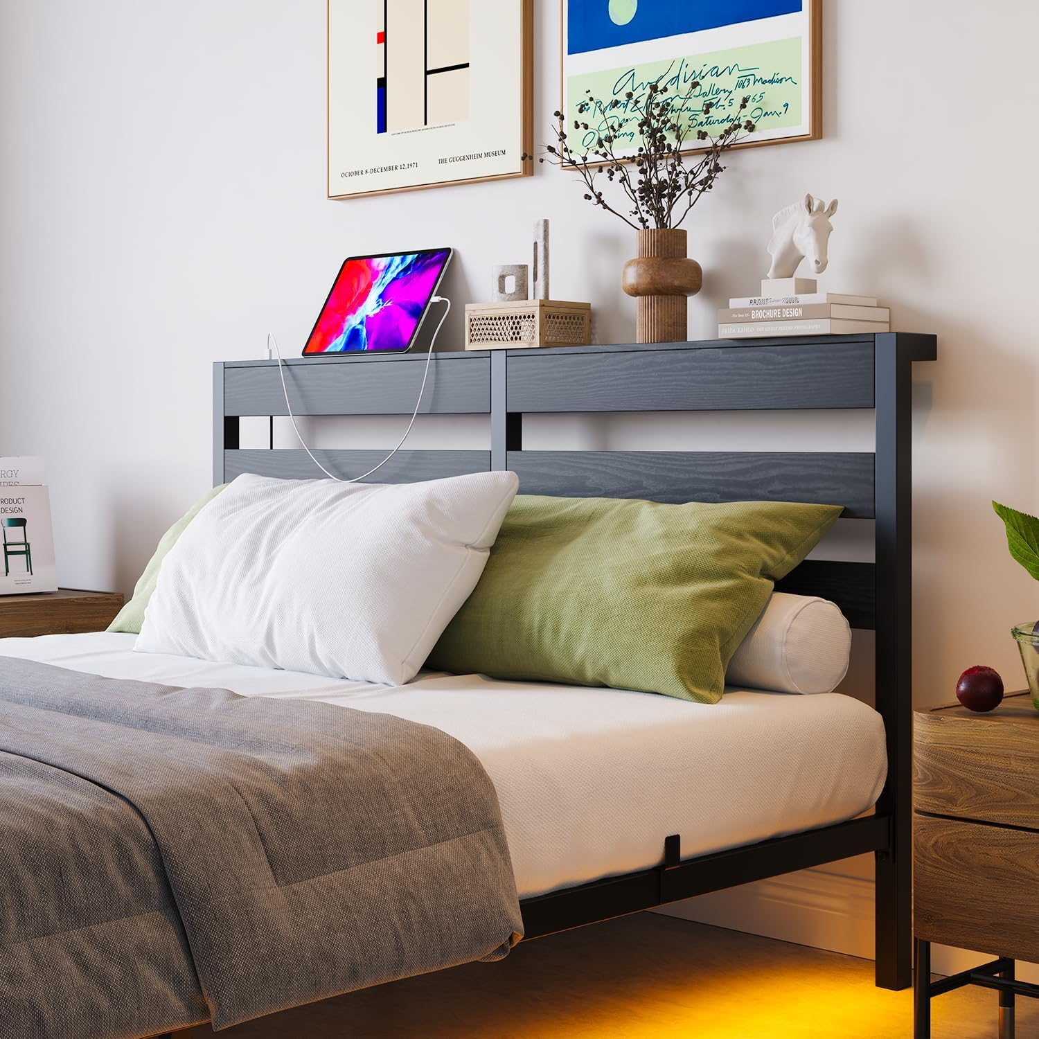 Double Floating Bed Frame with LED Lights and Storage Headboard &Charging Station, Metal Platform Bed Frame with Heavy Duty Steel Slats Black,No Box Spring Needed