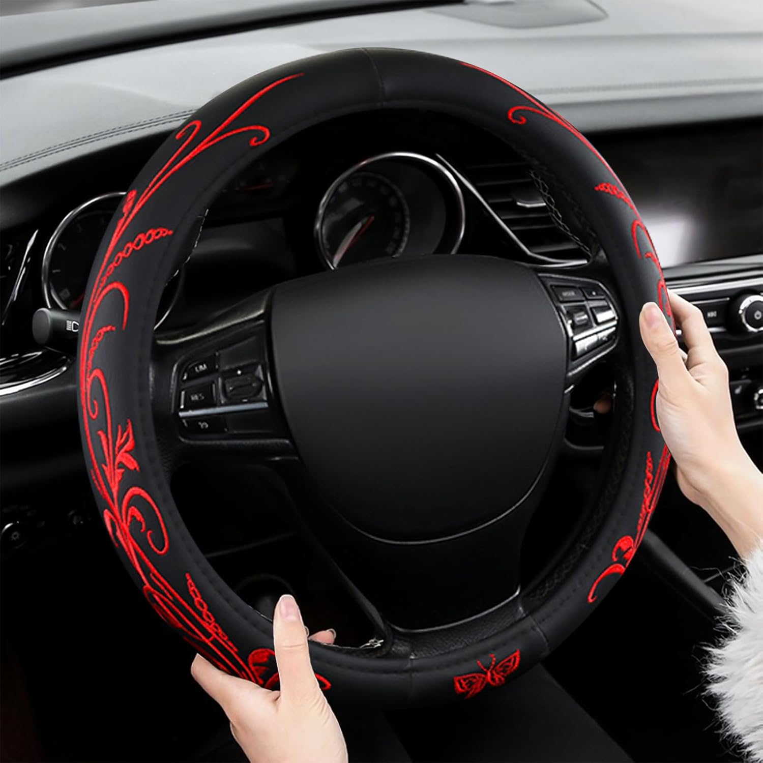 Red Embroidery Butterfly Car Steering Wheel Cover,14.5-15 Inch Universal Leather Covers Breathable Anti-Slip Odorless Steering Wheels Accessories for Men Women - Black  White image number 7