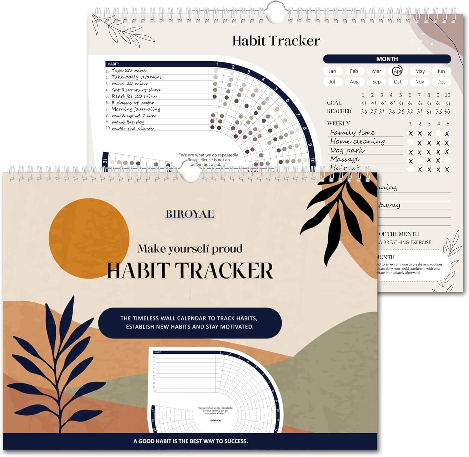 BIROYAL Habit Tracker Calendar (Undated 12 Month), Daily Weekly and Monthly Habit Tracker Journal, Spiral Binding with Writable Goals Habits Track, Productivity Tool and Workout Calendar image number 1