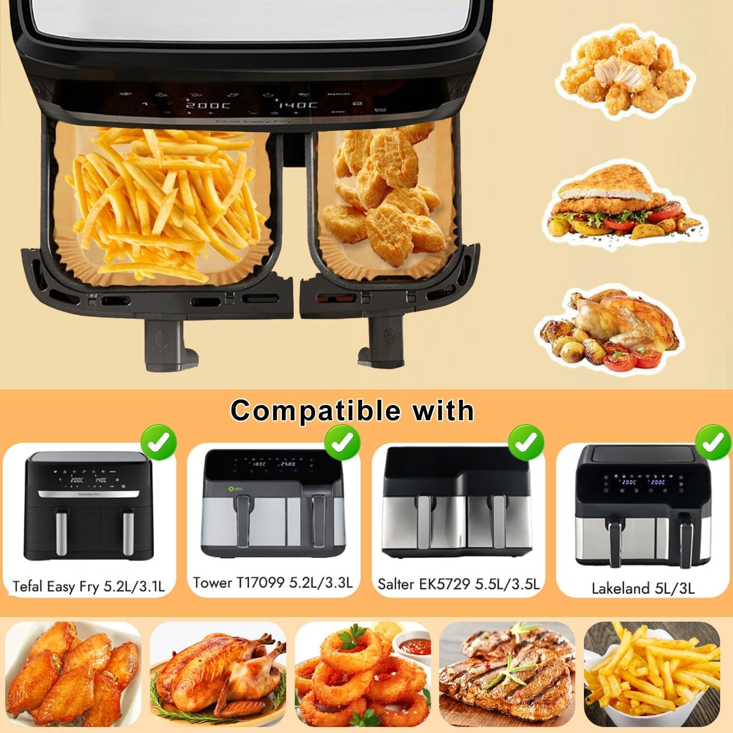 Pack of 100 Baking Paper for Tefal EY9018 Dual Easy Fry EY905D 5.2/3.1 L, Baking Paper for Hot Air Fryer Philips Dual Basket Airfryer 3000 Series, Moulinex 8.3 L, DMS, Cecotec, Air Fryer Accessories image number 6