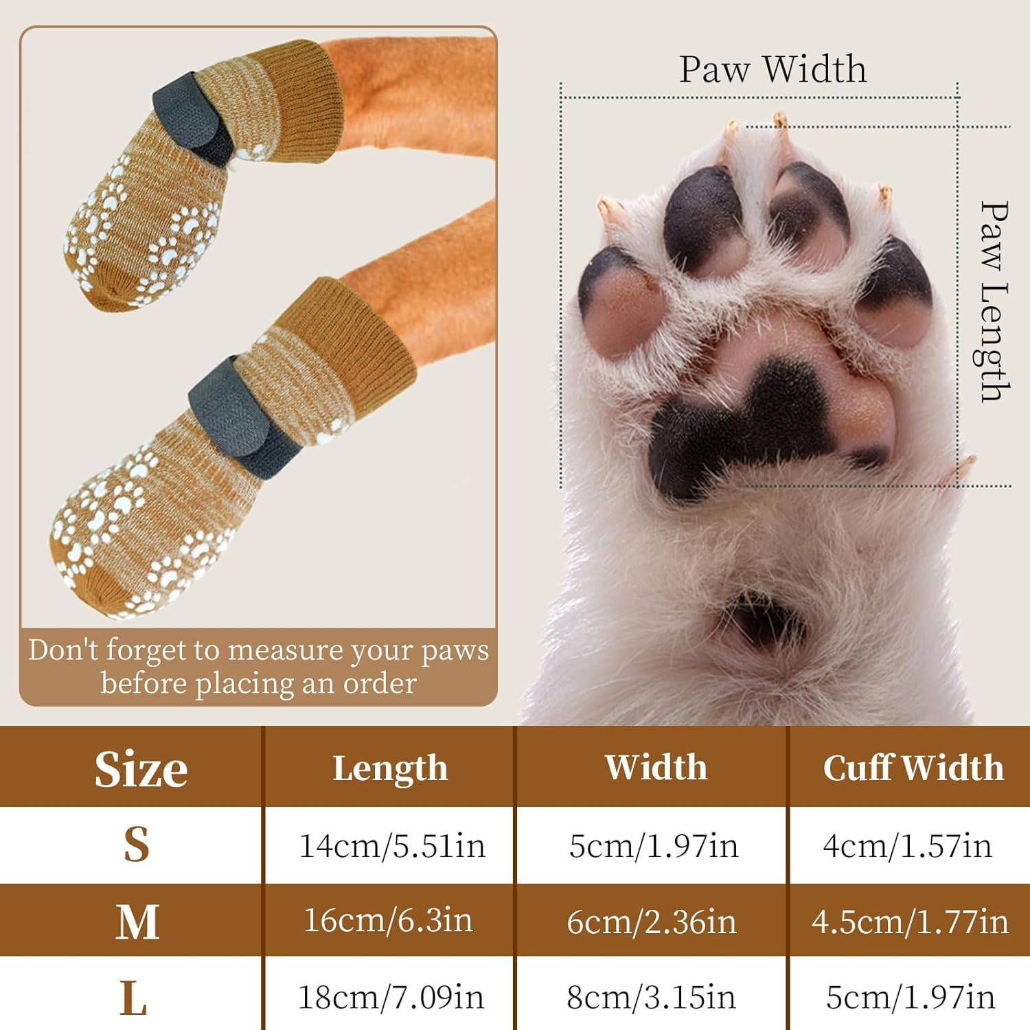 4 PCS Premium Non-Slip Dog Socks for Hardwood Floors &ndash; Anti-Slip Breathable Socks with Extra-Thick Grips & Straps&ndash; Stops Licking, Prevents Slipping & Protects Paws - Ideal for Dogs (Brown, L)