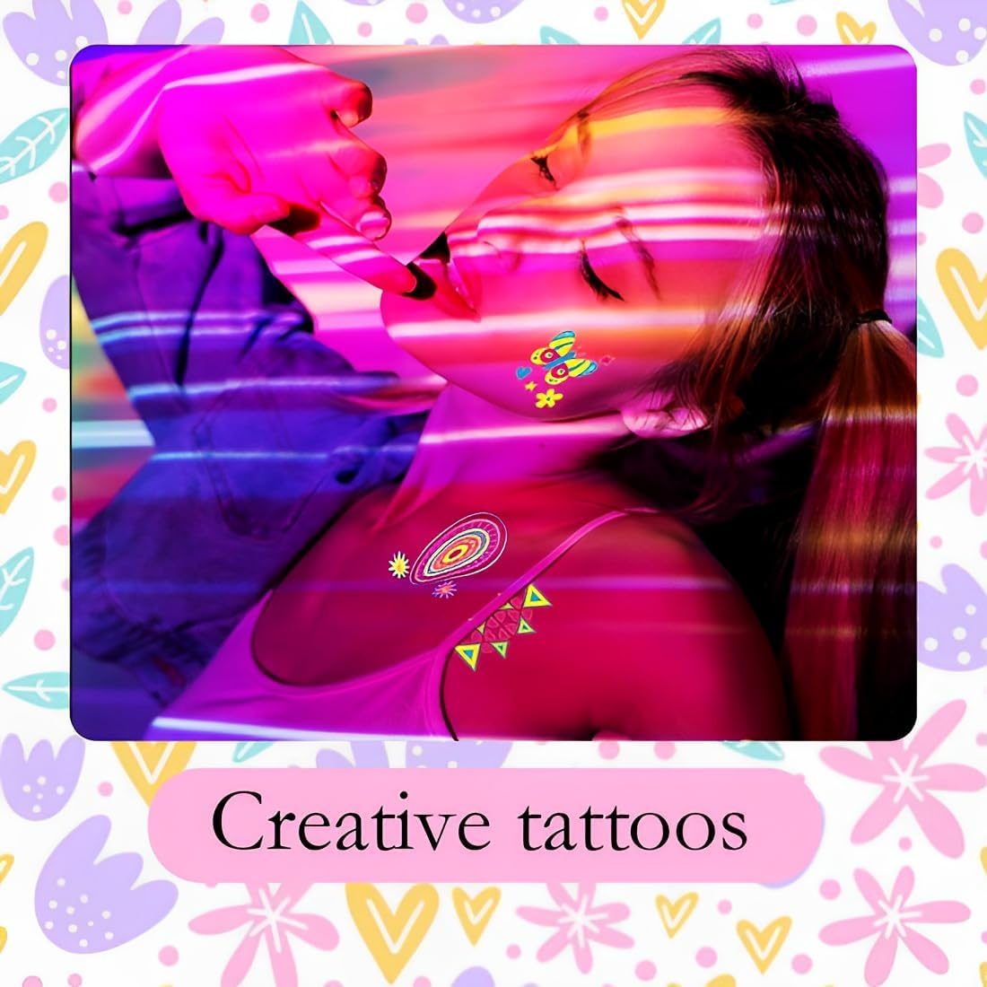 10 Sheets of Luminous Tattoos under Neon UV Black Light, Temporary Tattoos, Tattoos, Adults, Teenagers, Children, Luminous Party Decoration, Waterproof Adhesive Tattoos, Party Gadgets image number 1