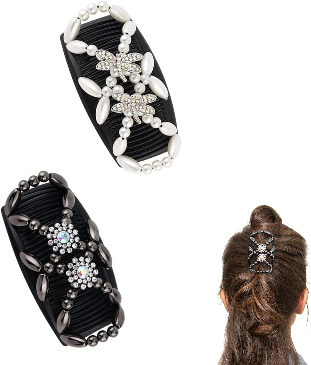 2 Pieces Magic Hair Side Combs Beaded Stretch Double Clips Bun Maker Hair Combs DIY Hair Styling Headwear (Butterfly, Black + White)