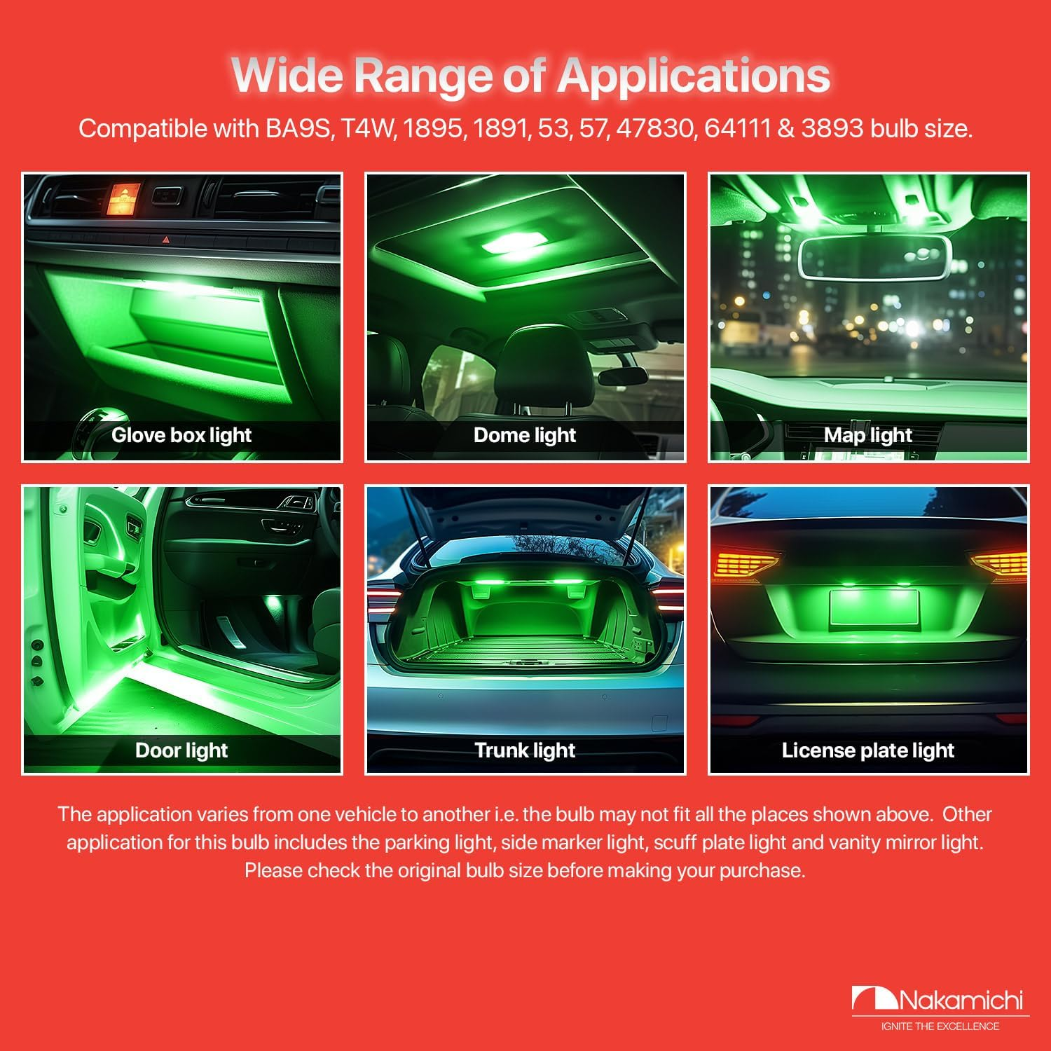 Nakamichi BA9S T4W Car LED Light Bulb BA9 1895 1891 53 57 47830 64111 3893, 12-SMD Extremely Bright Interior Dome Map License Plate Glove Box Panel Reading Replacement Light (Emerald Green, Pack of 2) - Emerald Green image number 6