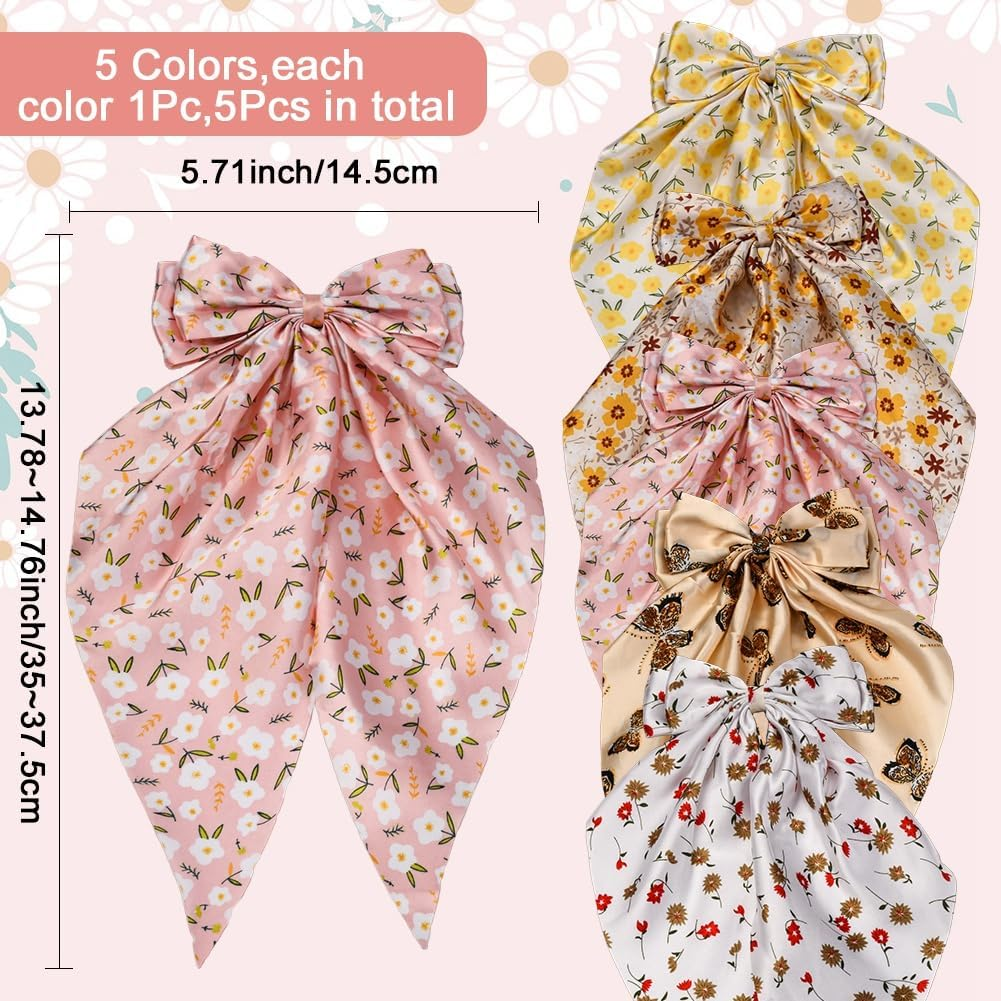 SOFPLATE 1 Box 5 Styles Women'S Hair Bow Coquette Bows Large Quantity Soft Ribbon Long Tail Floral Pattern Spring Butterfly Sun Flowers Bow Hair Clips for Women Everyday Wear image number 5