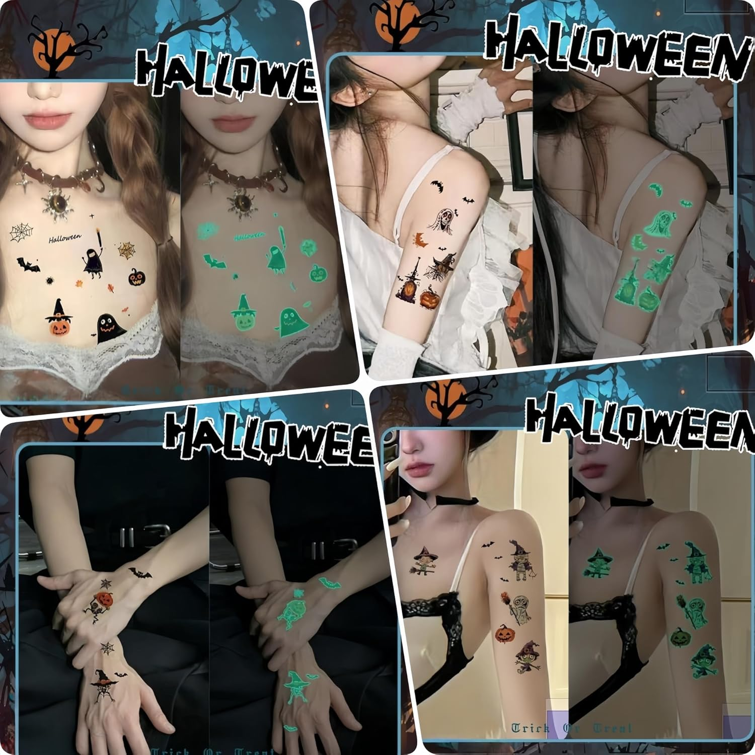 Halloween Glow-In-The-Dark Tattoo Stickers (4 Sheets), DIY Light-Up Headband & LED Spider Backpack for Halloween Makeup Trick or Treat Party Favor, Garden Indoor Decor(B) image number 2