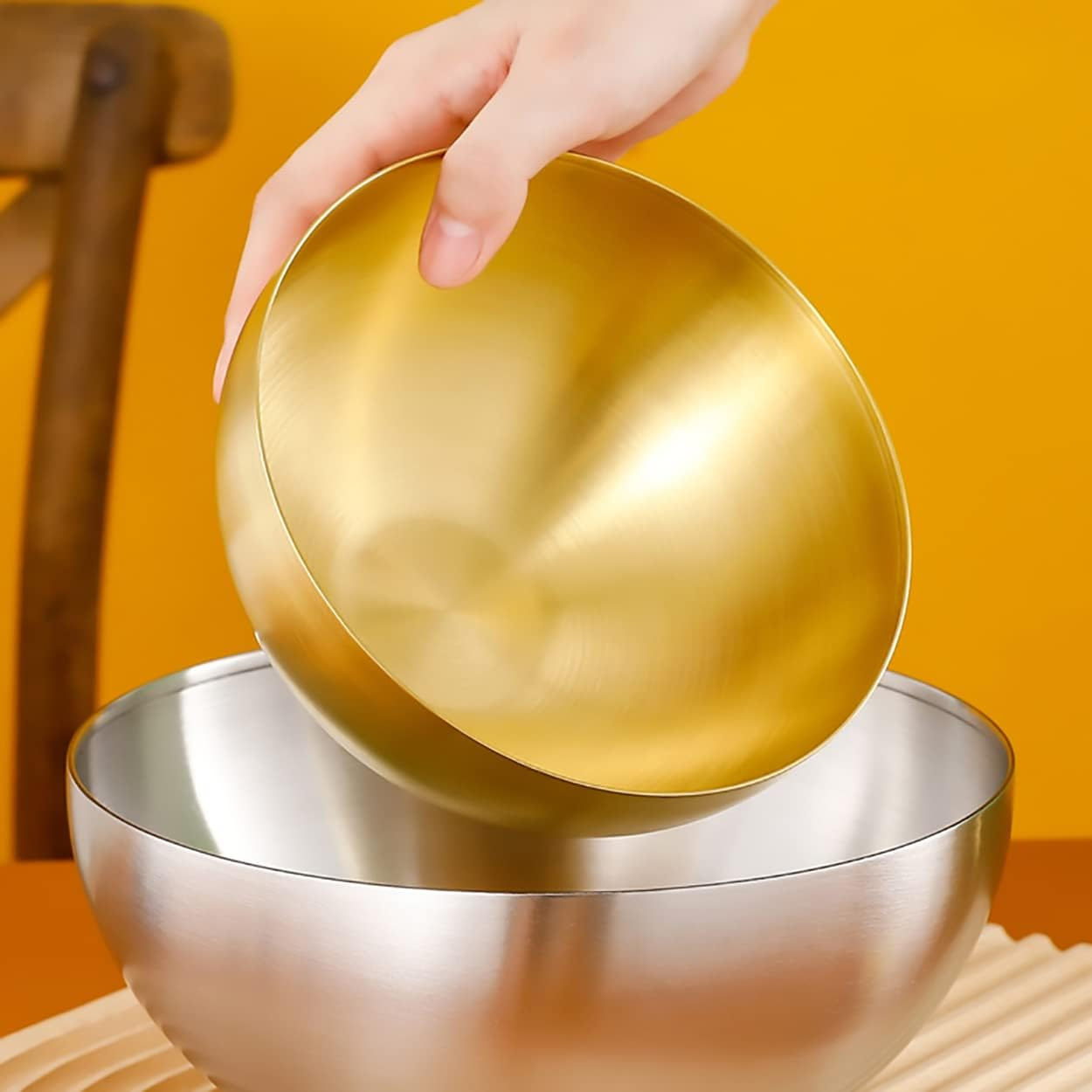 Dadamong Stainless Steel Salad Bowls, Mixing Bowls, Nesting Bowls, Snacks Bowls, Serving Bowls for Mixing, Cooking, Baking, Prepping, Set of 2, Small & Large - 5.9 & 7.9 Inch (Gold) image number 2