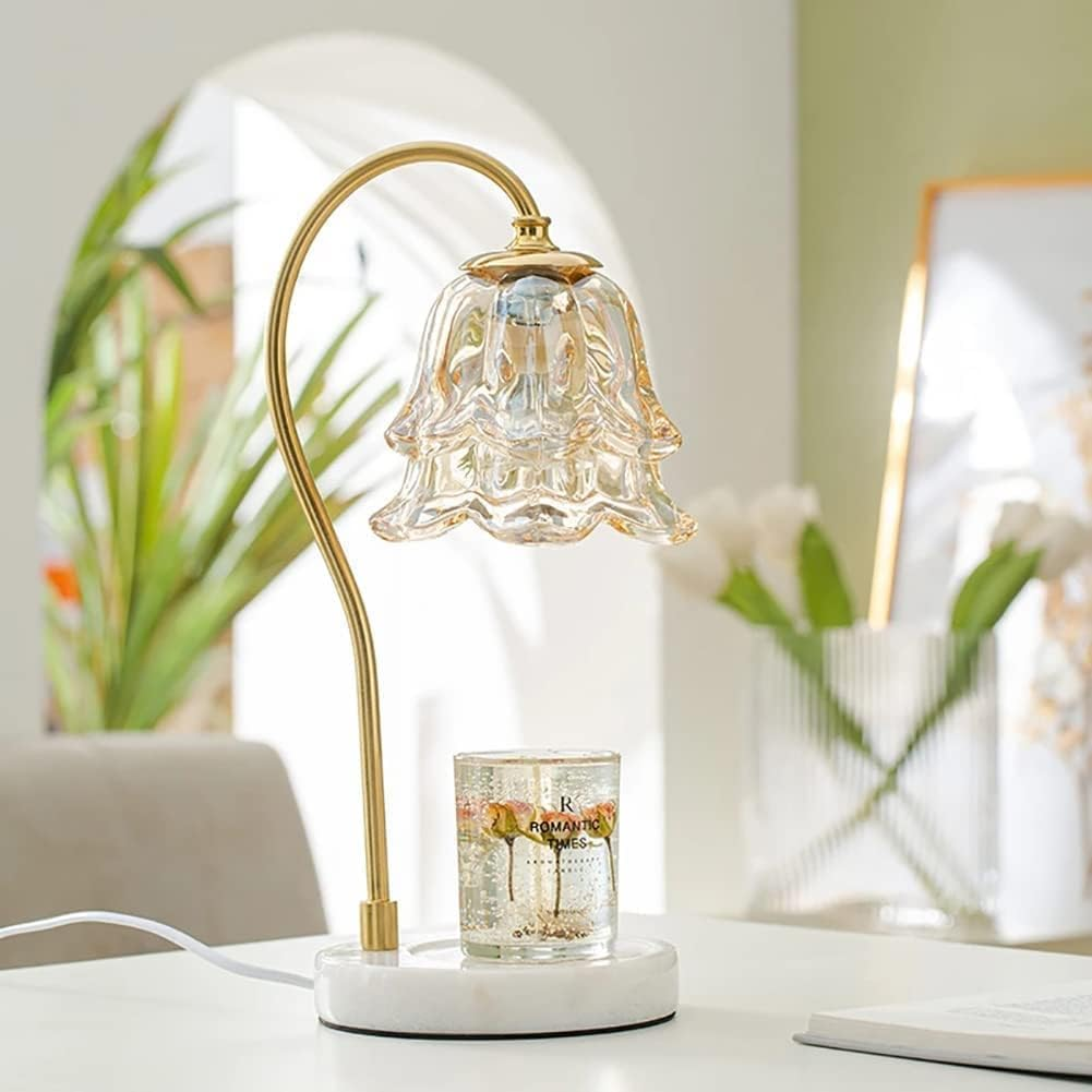 Candle Warmer Lamp, Flower Glass Candle Warmer Light, Dimmable Table Lamp, Vintage Candle Lamp with Marble Base, for Women, Mom, Female Friend, Romantic Vintage Style Gifts (Amber) - Amber image number 5