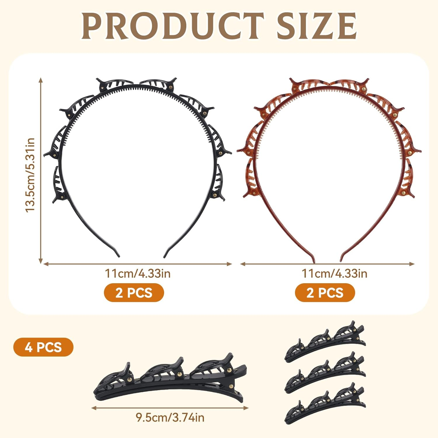 Pack of 4 Headband with Clips, Braided Headband with Clips, Bangs Headband with Clips, Headband with Clips with 4 Hair Clips for Women, Girls (Black + Brown) image number 5