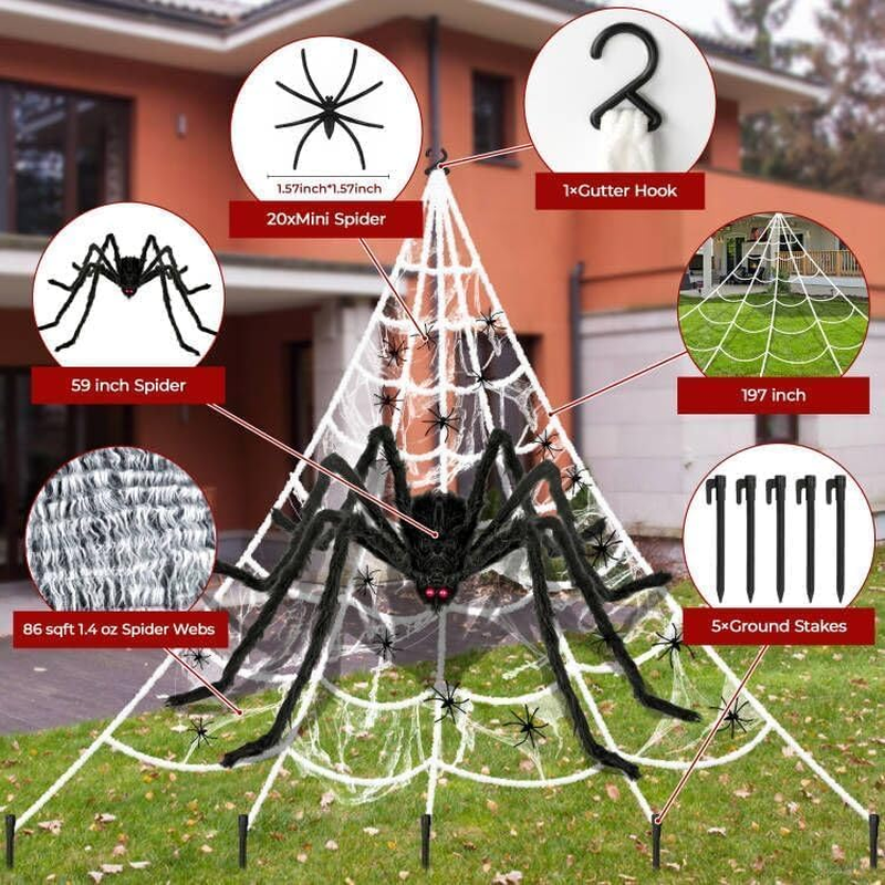 Halloween Spider Web Decorations Outdoor, 7 * 5.5M Triangular Spider Web 1.5M Giant Spiders, 20Pcs Small Spiders and Cotton for Indoor outside Halloween Decor Party Yard Lawn Home Garden Haunted House image number 6