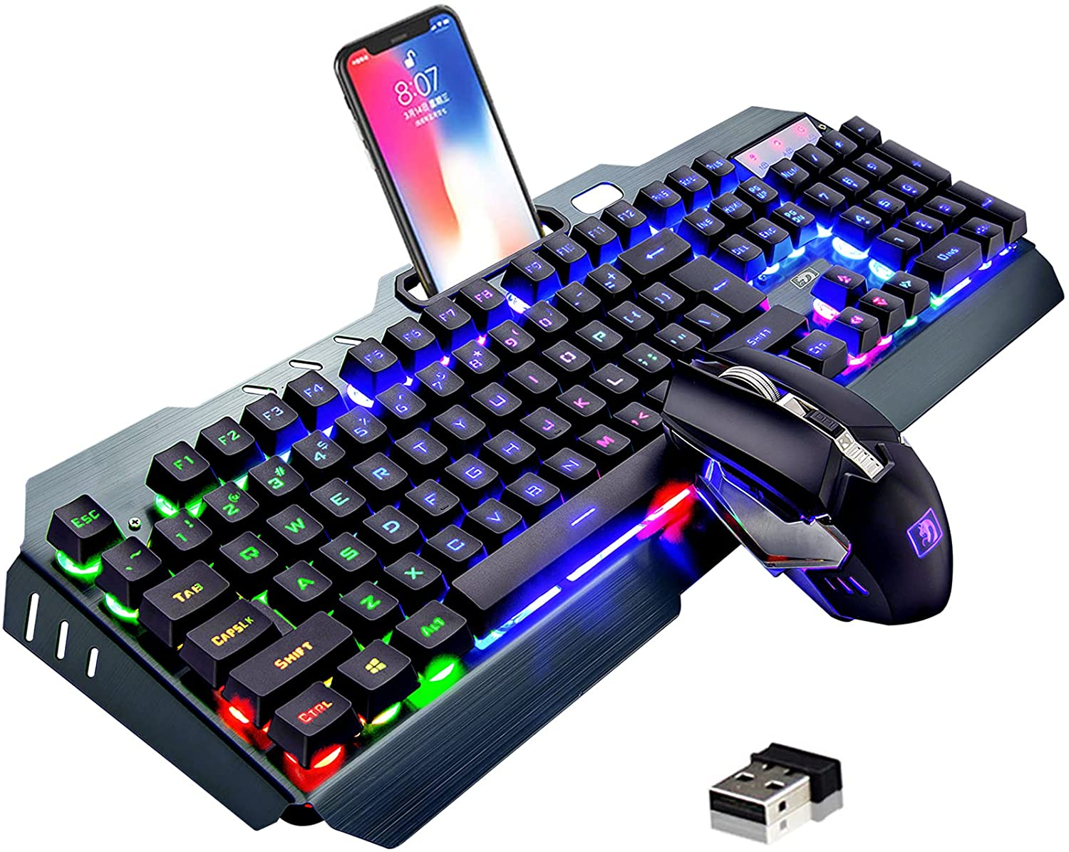 Rechargeable Keyboard and Mouse,Suspended Keycap Mechanical Feel Metal Panel Gaming Keyboard Mouse Combo,3800Mah Large Capacity Lithium Battery,Anti-Ghosting (Rainbow) image number 1