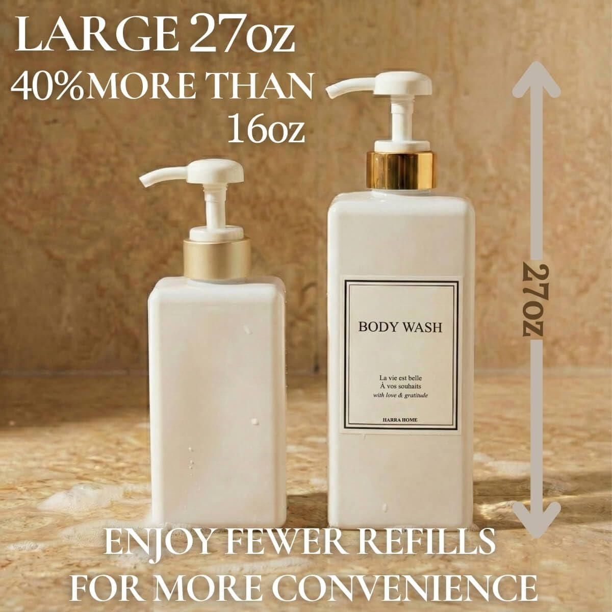 (White) - HARRA HOME Modern Gold Design Pump Bottle Dispenser for Bathroom 800Ml Refillable Empty Shower Shampoo White Plastic Bottles with Pump Set Lotion Body Wash and Massage Oils, Pack of 3 (White) image number 5