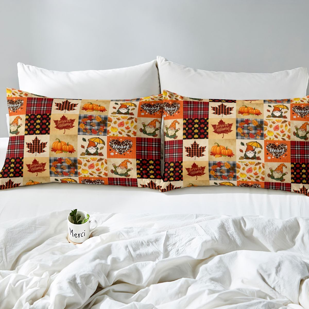 Fall Bedding Set Thanksgiving Day Gifts Duvet Cover for Boys Girls Women Autumn Harvest Comforter Cover Happy Fall Y'All Fall Season Bedspread Cover Geometry Grid Patchwork Bedding Queen Size