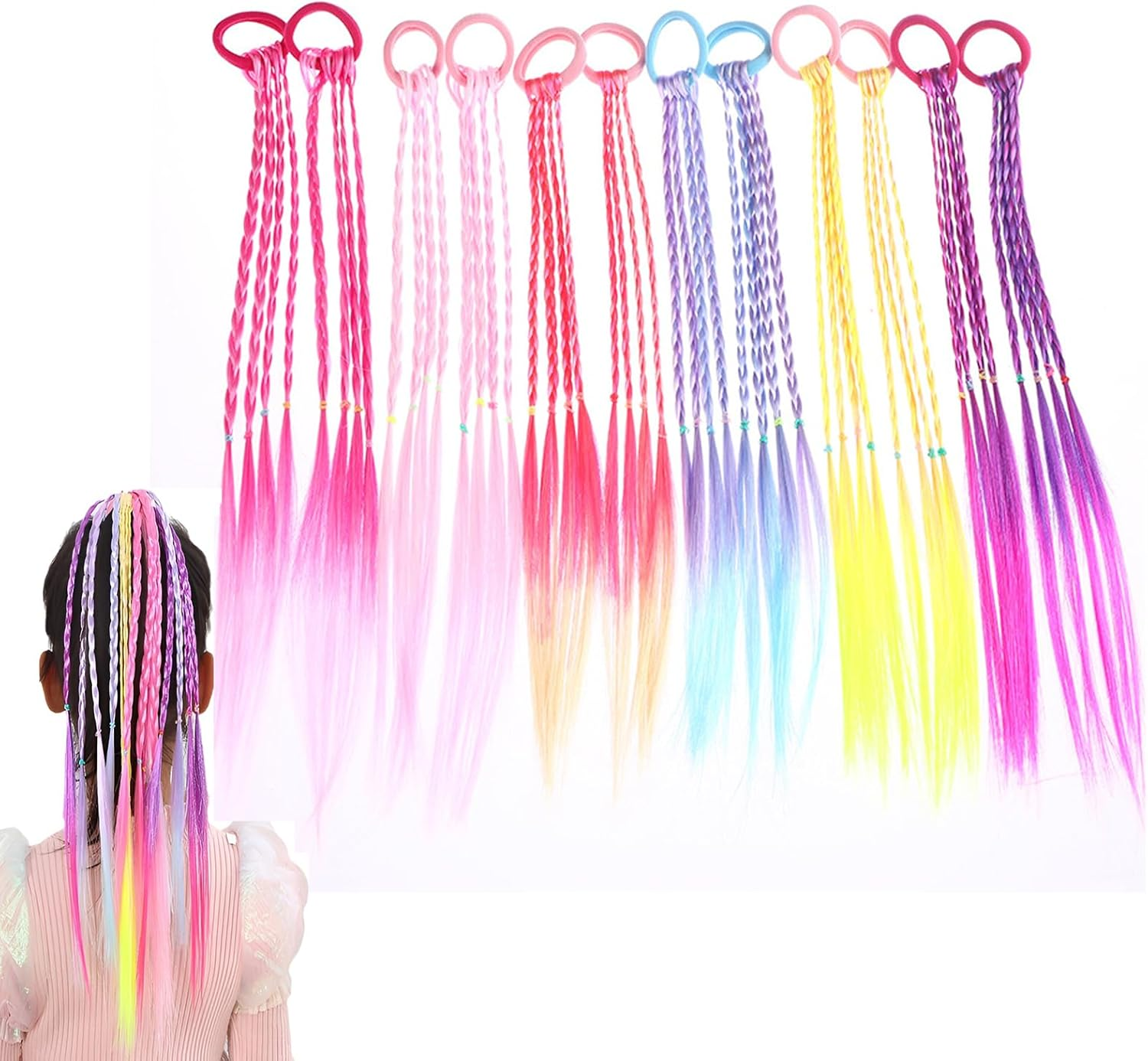 12 PCS Girls Fake Hair Braids, Colored Hair Extensions Ponytail with Rubber Band, Children&rsquo;S Braided Hair Pieces for Ponytail, Hair Accessories in 6 Colors