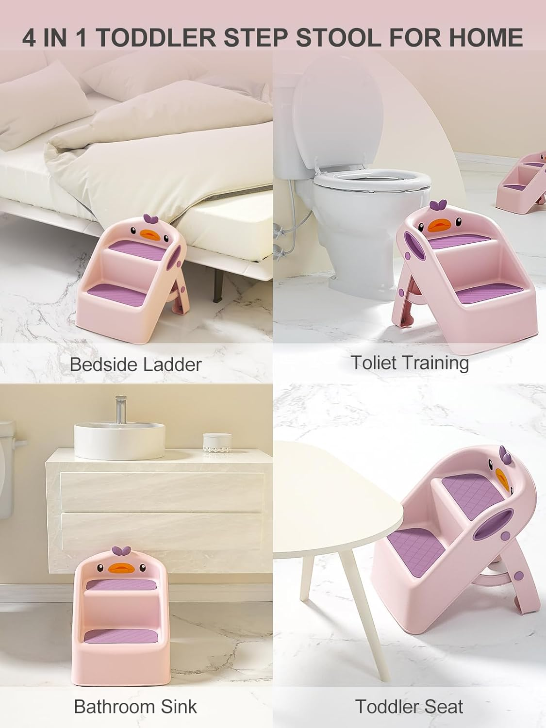 Toddler Step Stool for Bathroom Sink Foldable, Pink, Two Step Stool for Kids Potty Toilet, Cute & Lightweight & Folding Gift to Give Steping Stool for Todders 1-3, 11" 2 Steps & 4" Child Back Support image number 5
