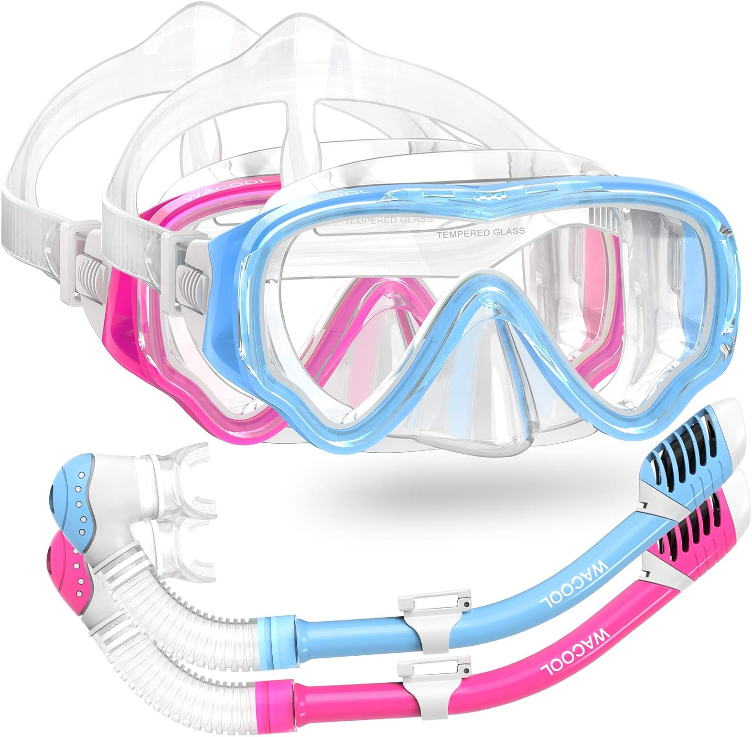 WACOOL Snorkeling Snorkel Package Set for Kids Youth Junior, Anti-Fog Coated Glass Diving Mask, Snorkel with Silicon Mouth Piece,Purge Valve and Anti-Splash Guard.
