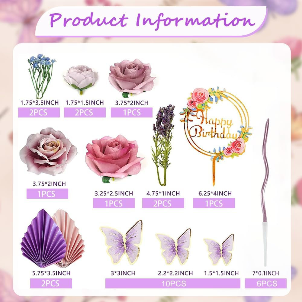 28 PCS Boho Cake Toppers Cake Decoration with Pink Purple Flowers Butterflies Palm Leaves Candles for Birthday Themed Baby Shower Party Wedding Supplies (Pink Purple) image number 3