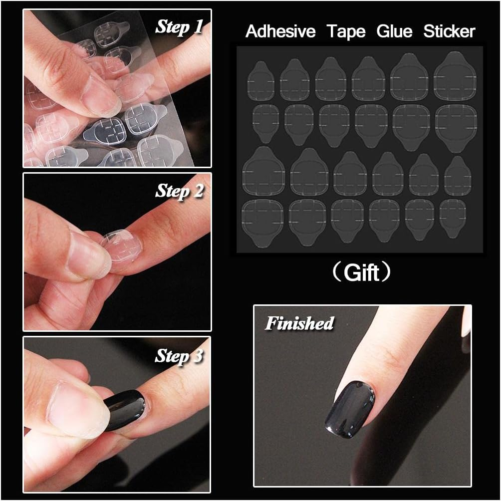 Fake Nail 24 Pcs Black Matte False Nails Detachable Solid Color Oval Ultra Thin False Nails with Adhesive Tape Glue Sticker Full Cover Nail Women False Nails image number 2