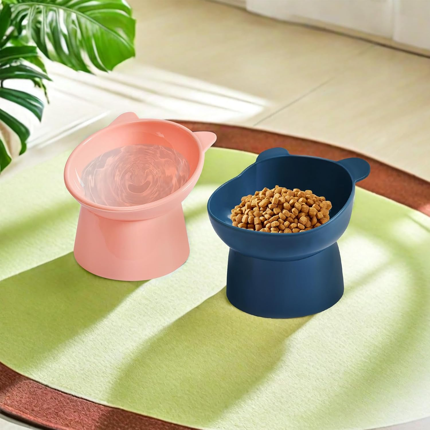 2 Pieces Raised Cat Bowl, Cat Bowl, 15&deg; Inclined Cat Bowl, Food Bowl, Relaxing Cervical Spine, for Cats, Puppies, Rabbits (Pink+Blue) image number 1