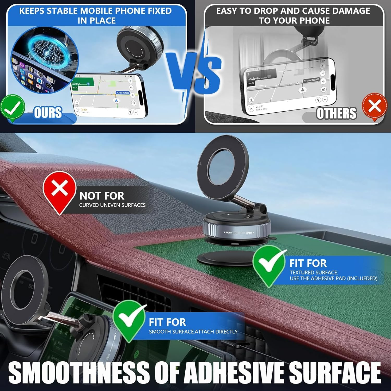 Car Phone Holder,360&deg; Magnetic Car Phone Holder Mount - Super Strong Vacuum Suction, Foldable & Adjustable for Most Mobile Phones, Dashboard/Windshield/Gym Use (Color：Black)