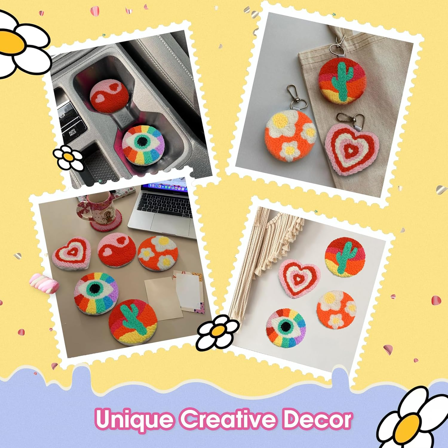 Yuegool 6PCS Punch Needle Coasters Kit,Easy DIY Punch Needle Embroidery Kit for Beginners Adults Kids Including Energy Blessings Patterns, Tools, Yarns, Hoop, Instruction, Coaster Holder image number 5