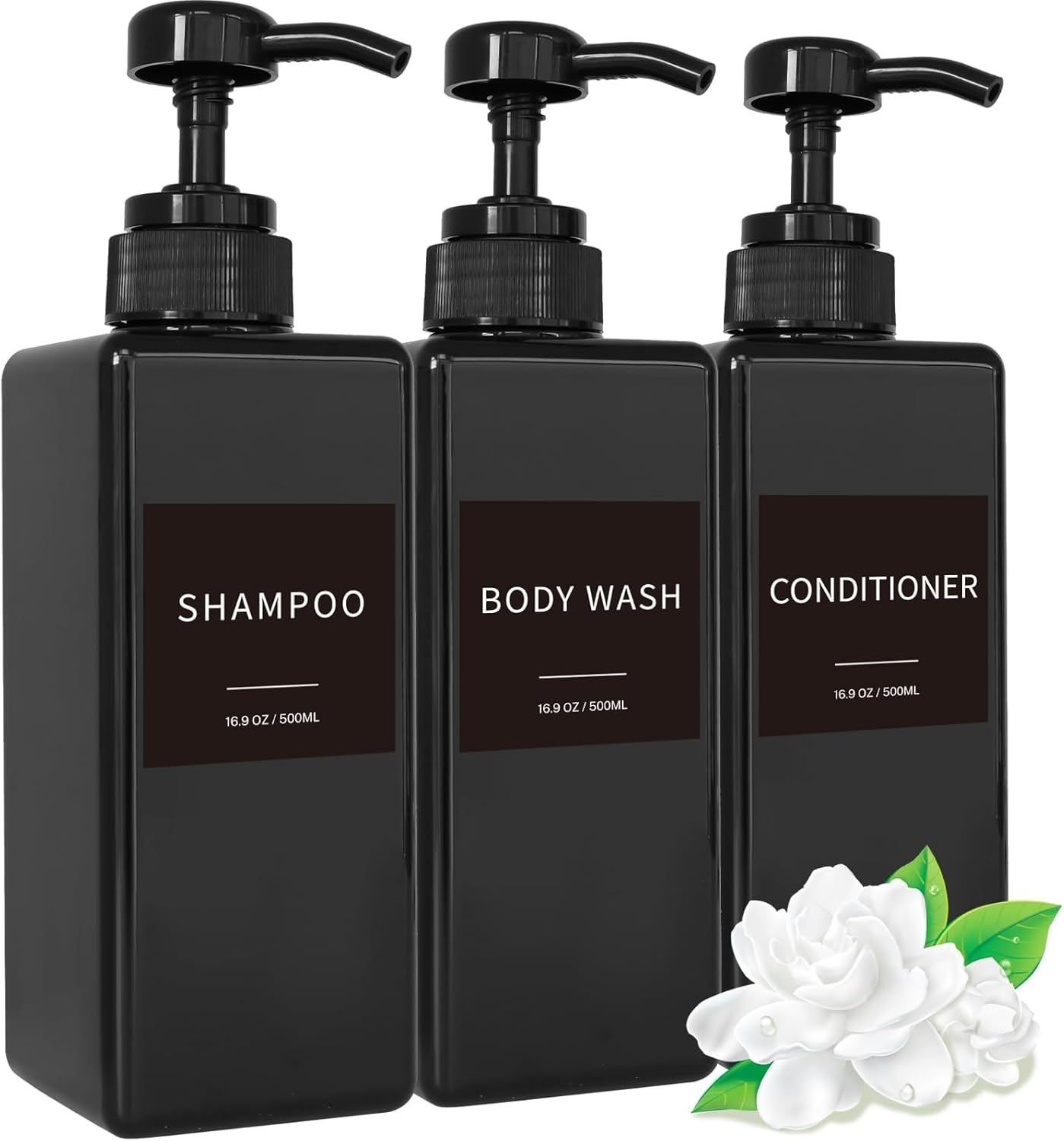 Shampoo and Conditioner Dispenser, Refillable Plastic Shampoo Pump Bottles with Waterproof Labels, Empty Body Wash Dispenser Set for Bathroom, Shower Soap Bottles (Black, Set of 3, 16.9Oz) image number 5