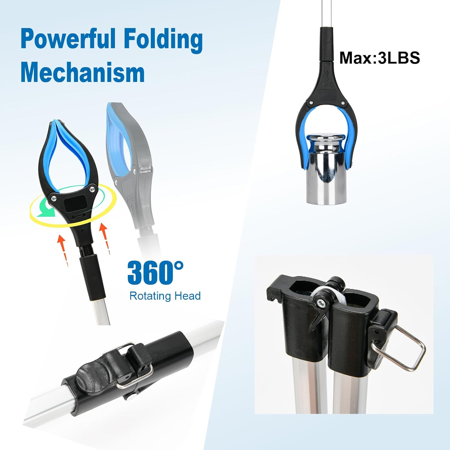 43 Inch Extra Long Grabber Tool,Foldable Pick up Stick with Strong Grip Magnetic,360&deg;Rotating Anti-Slip Jaw,Trash Claw Grabber Tool,Trash Picker Tool for Outdoor & Indoor(Blue) image number 2