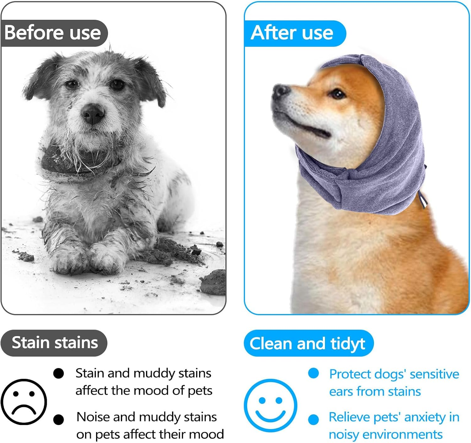 Huakaile 2 Pack Dog Ear Muffs Noise Protection, Calming Dog Snood Hoodie with Hook and Loop, Pet Head Wraps Cover for Winter Anxiety Quiet Hematoma Bath Grooming (M, Gray, Purple) image number 5