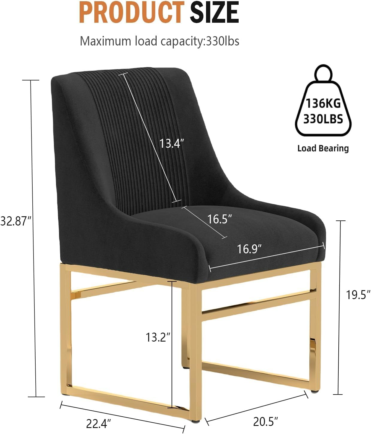 Kitchen & Dining Room Chairs Set of 2, Mid Century Modern Velvet Upholstered Dining Chairs with Gold Metal Frame Legs, Tufted Accent Chair for Reception Room Living Room Study Room(Black) - Beige image number 6