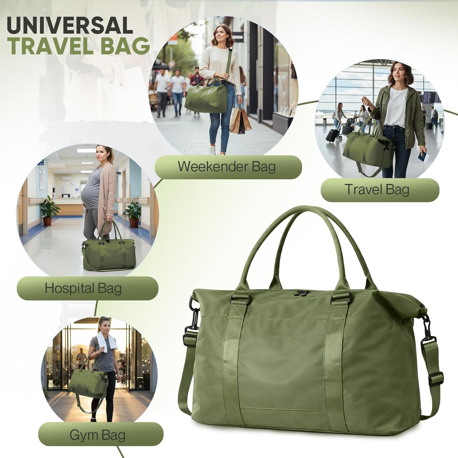 Travel Duffel Bag, Weekender Travel Bag Men Small Gym Bag for Women, Hospital Bag for Labor and Delivery, Overnight Bag Luggage Bag with Trolley Sleeve, Airplane Travel Essentials for Flying, Green - Arpicot Yellow image number 2