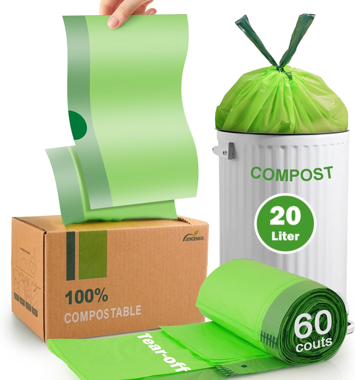 Compostable Bin Liners 20 Liter with Drawstring Tear off Extra Thick Biodegradable Bin Bags with Tie Handle BPI ASTM D6400 Europe OK Compost Home Certified 60 Counts Green (5 Gallon with Tie)