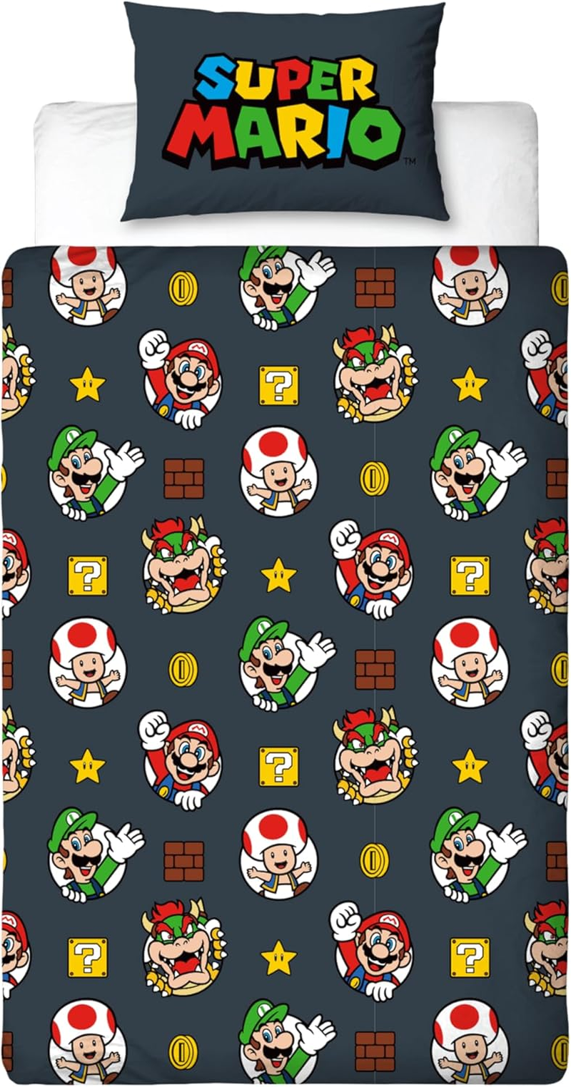 Nintendo Super Mario Official Single Duvet Cover Set with Mario, Luigi and Bowser Design | Black Reversible 2 Sided Bedding Cover Official Merchandise Including Matching Pillow Case image number 2