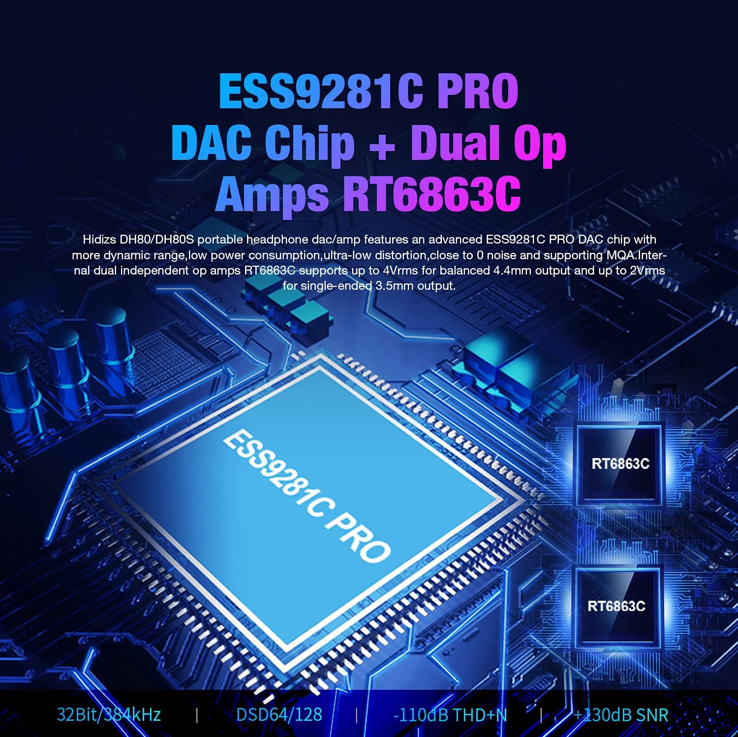 Hidizs DH80S Protable Hifi DAC/AMP ES9281C 32Bit/384Khz DSD64/128 Headphone Amplifiers with USB to SE3.5MM and BAL4.4MM Dual Headphones Outputs for Smartphones/Pc/Laptop/Hi Res Music Player image number 5