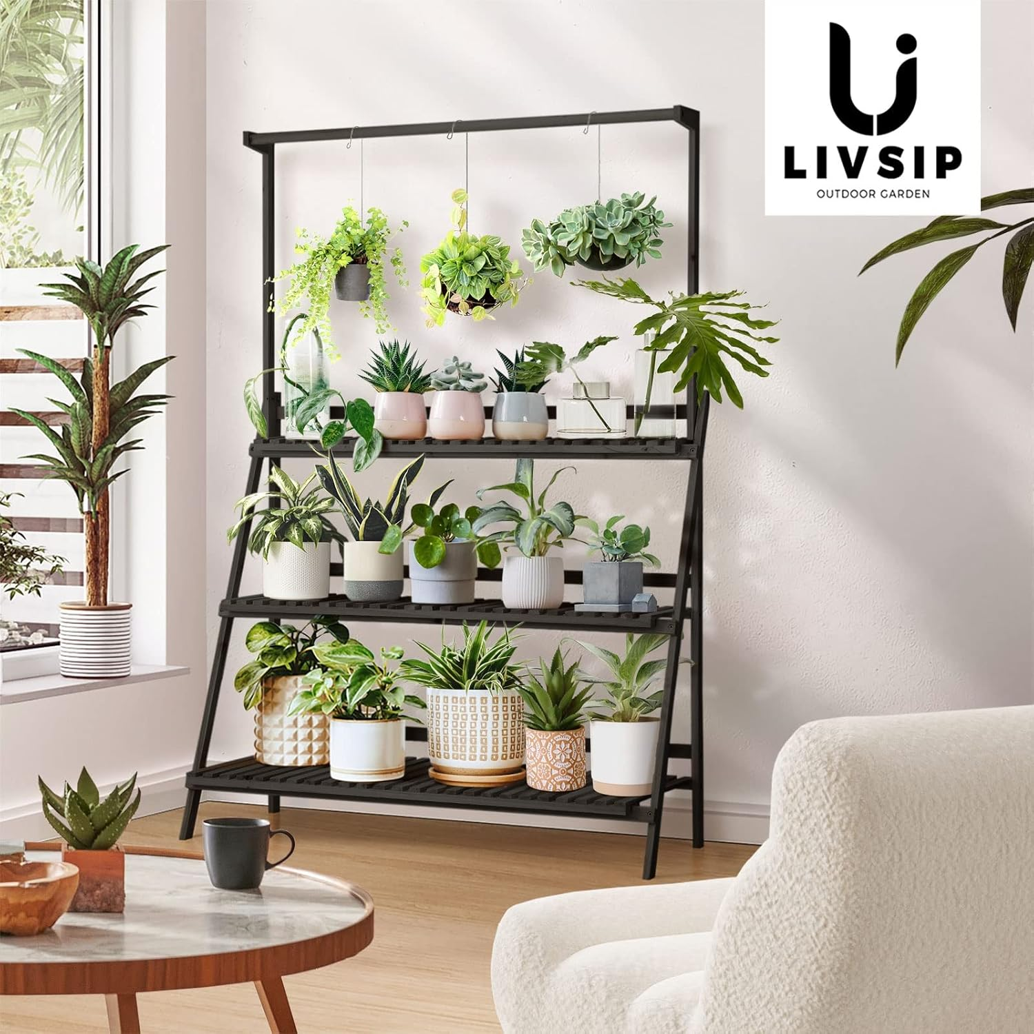 Livsip Plant Stand Indoor Outdoor with 3 Tier Rack and Wooden Frame Black image number 4