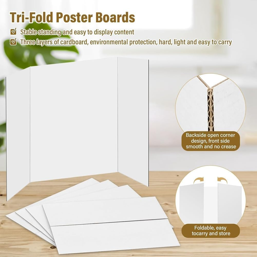 Tri-Fold Presentation Boards, 4Pcs Trifold Poster Board with Tape, White Corrugated Display Board, White Corrugated Project Boards for Science Fairs, 24X16 Inches image number 5