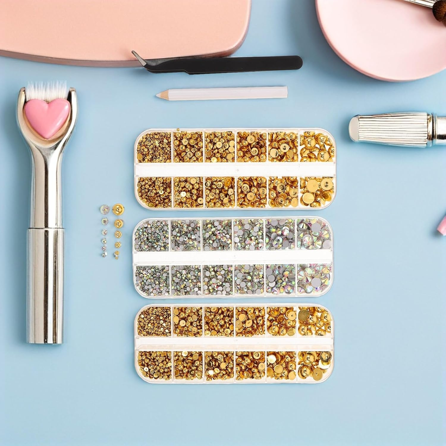 SWETRACE Manicure Rhinestones Kit with Box Nail Bling Faux Pearl Charms Nail Embellishments for DIY Home Salon Use image number 1