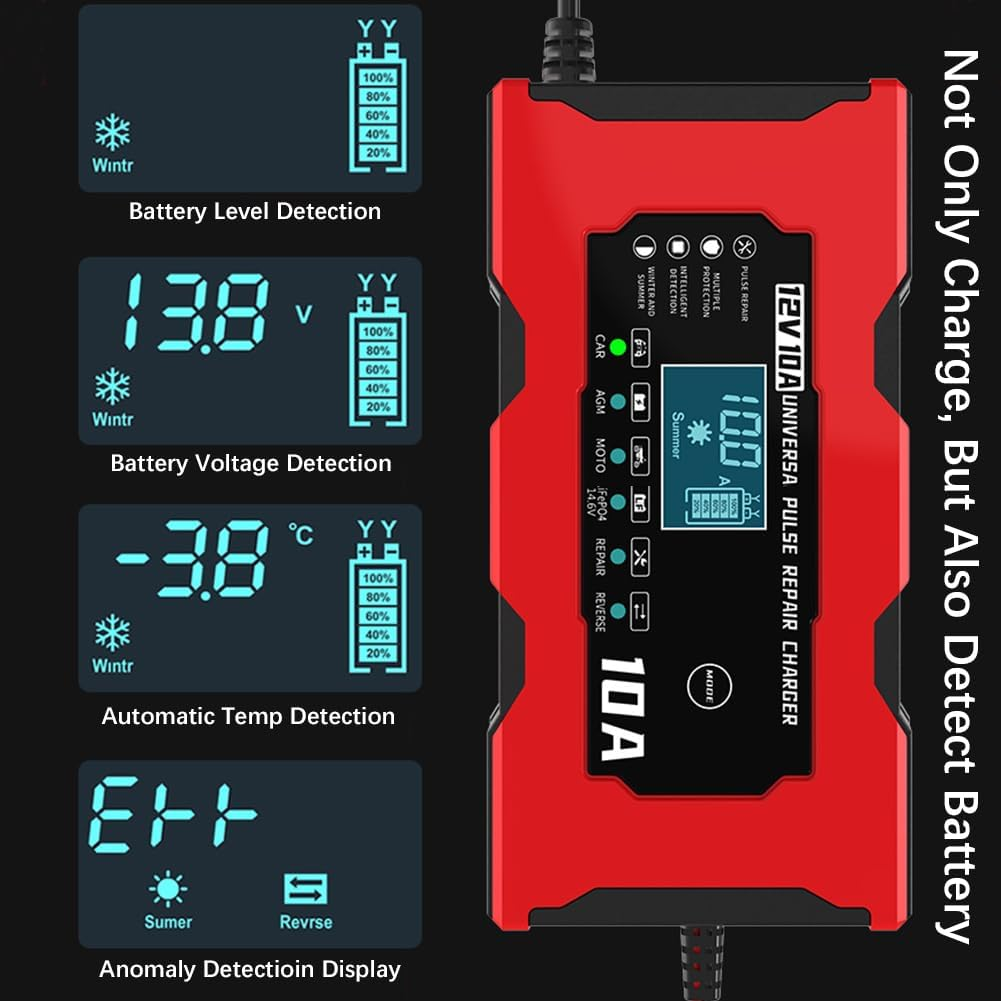 Augoing Battery Charger for 12V10A Lead Acid and 14.6V Lithium Iron Phosphate (Lifepo4) Batteries, Automatic Car Maintainer Trickle and Desulfator with Pulse Repair and Temperature Compensation image number 3