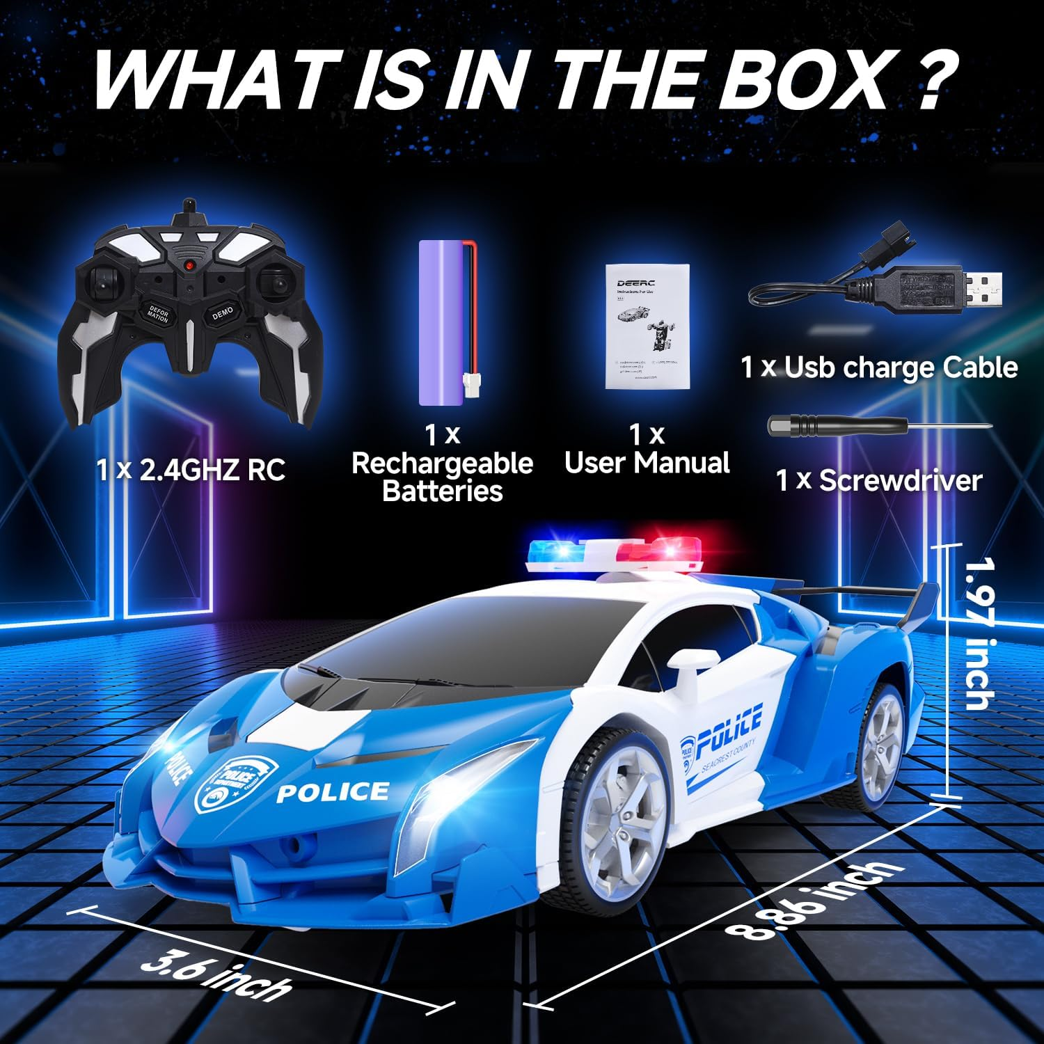DEERC RC Police Car Transform Robot, 2.4Ghz Remote Control Police Cars for Kids, 1:18 Scale Robot Toy Car W/One-Key Transformation, 360&deg; Rotation, Auto Mode, Rechargeable Battery, Robot for Man Boys image number 3