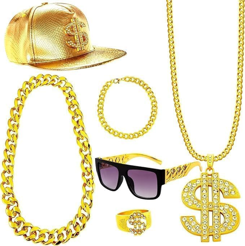 6Pcs Hip Hop Costume Kit, 80S 90S Rapper Costume, Fancy Dress Hippie Fake Chains and Hats for Halloween Party Cosplay Props Rapper Fancy Dress Carnival Accessories image number 3