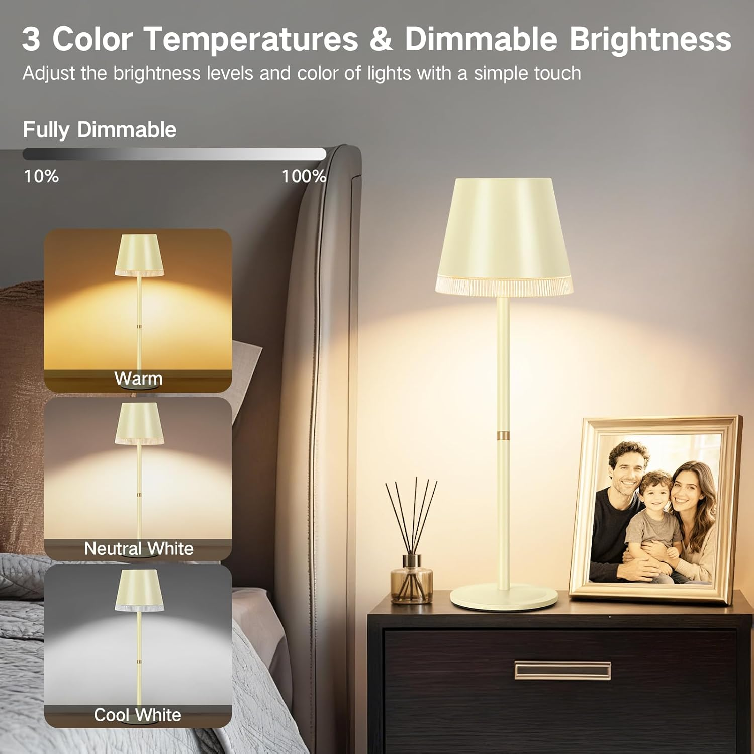 OUTON LED Table Lamp Wireless with Battery Indicator, 4000 Mah Battery Table Lamp USB-C Rechargeable, 3 Colour Temperatures & Continuously Dimmable, Touch Control, Memory, Portable Lamp for Indoor And